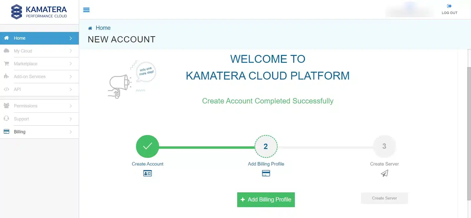 Kamatera management console after email verification