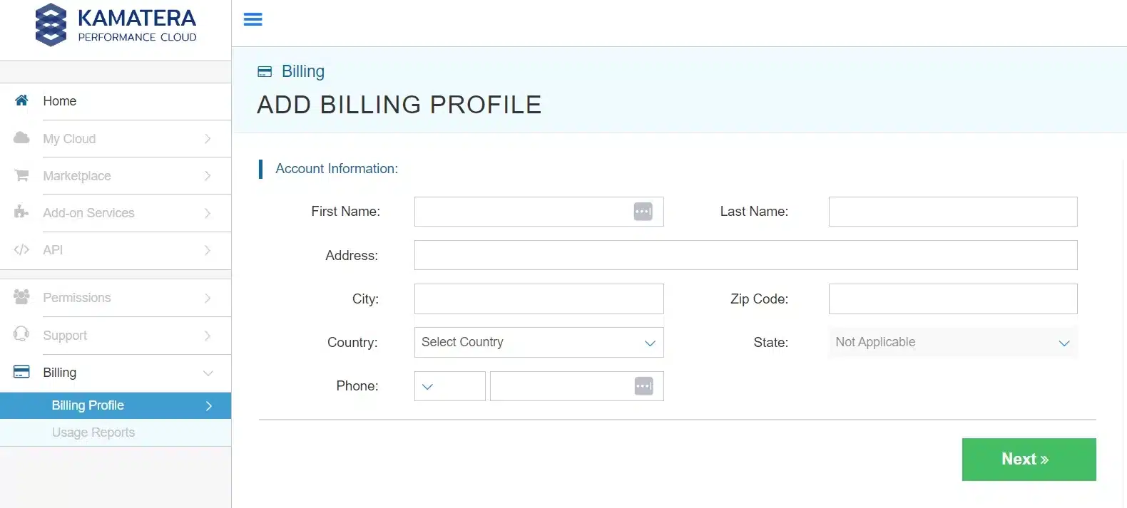 Entering billing details in the Kamatera console