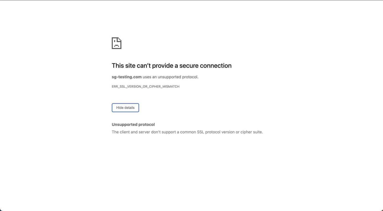 ERR_SSL_VERSION_OR_CIPHER_MISMATCH error in Google Chrome: This site can't provide a secure connection